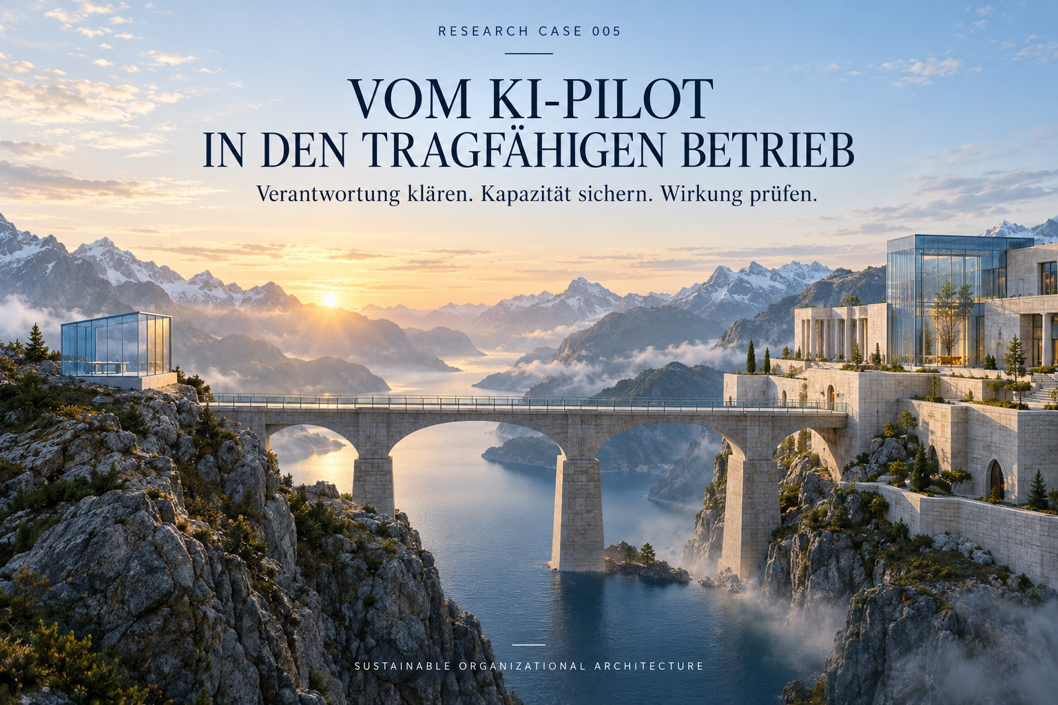 Vom KI-Pilot in den Betrieb: eine tragende Brücke verbindet einen begrenzten Test mit einer dauerhaft nutzbaren Betriebsstruktur.